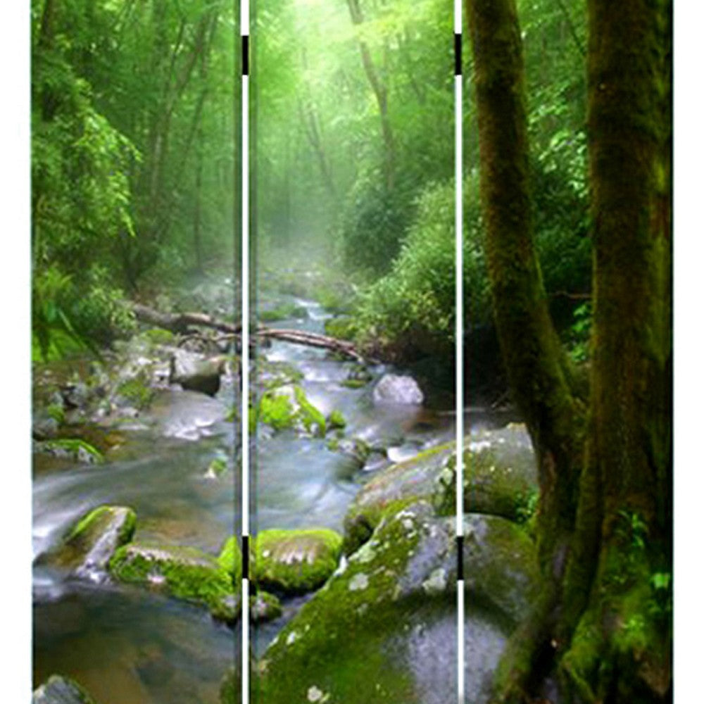 3 Panel Foldable Canvas Screen with Rainforest Print Green BM26514