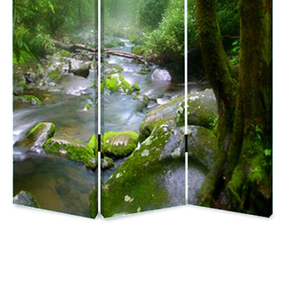 3 Panel Foldable Canvas Screen with Rainforest Print Green BM26514