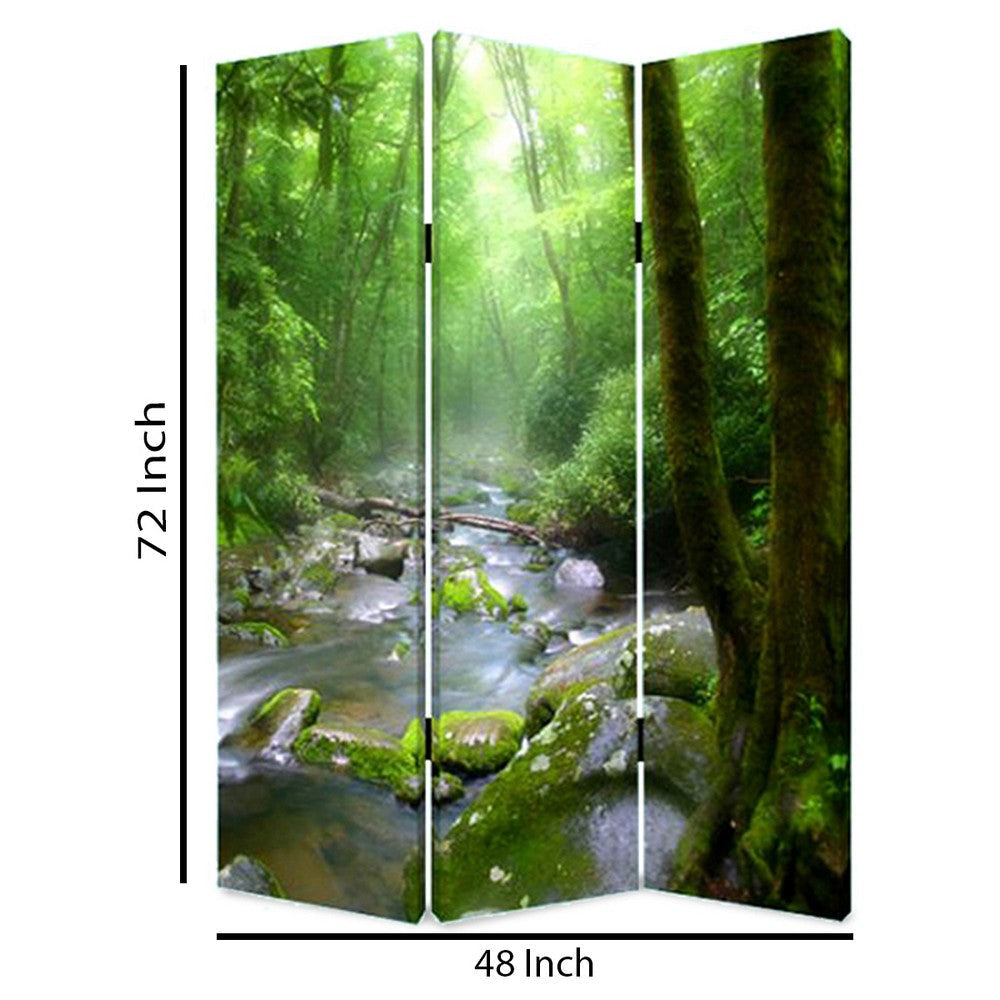 3 Panel Foldable Canvas Screen with Rainforest Print Green BM26514