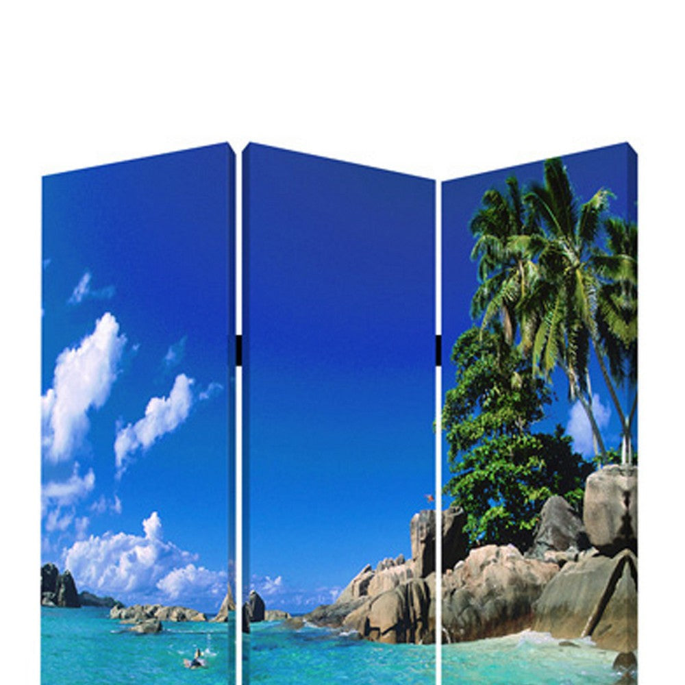 3 Panel Foldable Canvas Screen with Exotic Oceanside Print Multicolor BM26516