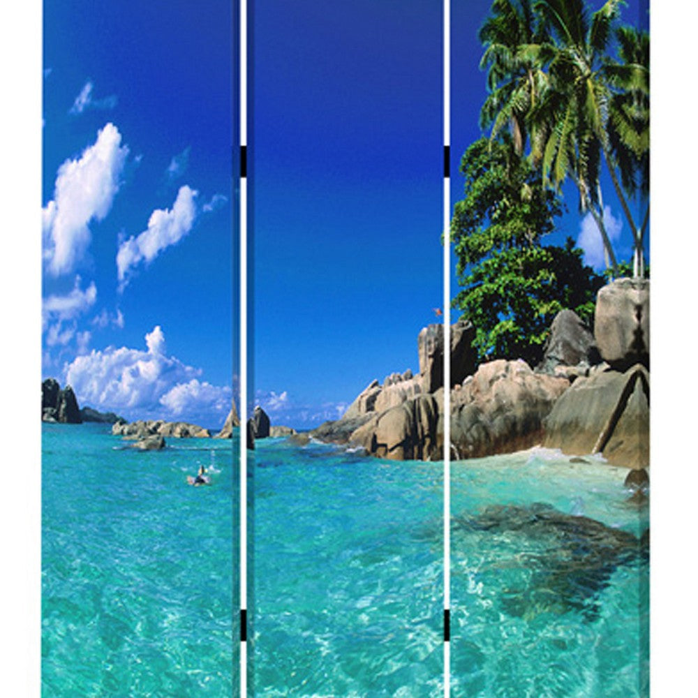 3 Panel Foldable Canvas Screen with Exotic Oceanside Print Multicolor BM26516