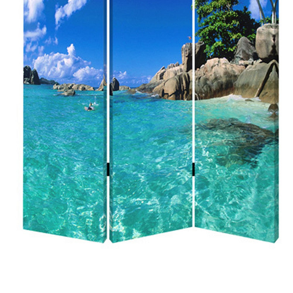 3 Panel Foldable Canvas Screen with Exotic Oceanside Print Multicolor BM26516