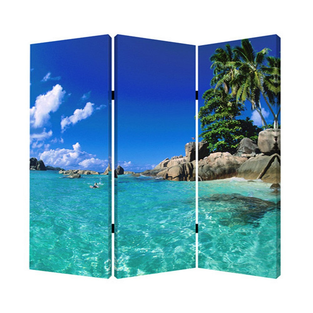 3 Panel Foldable Canvas Screen with Exotic Oceanside Print, Multicolor