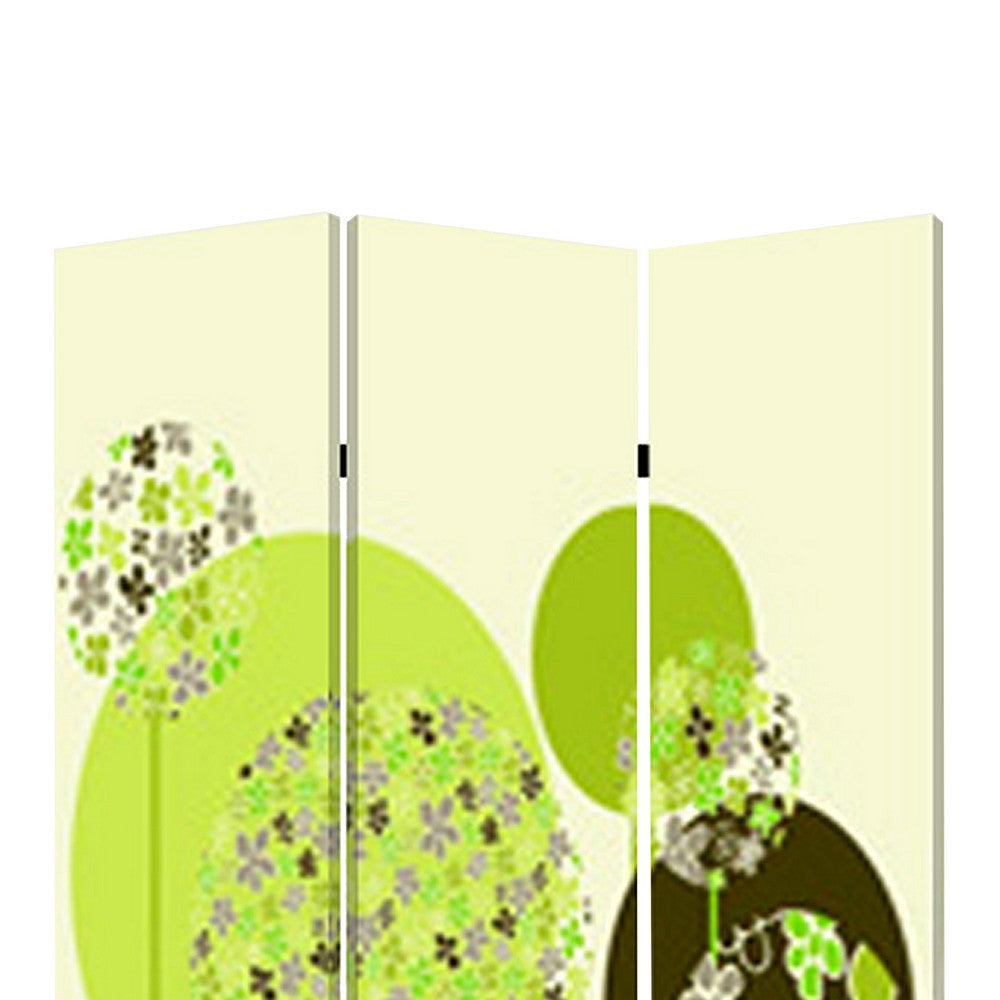 Abstract Floral Printed Foldable Screen with 3 Panels Green and White BM26519
