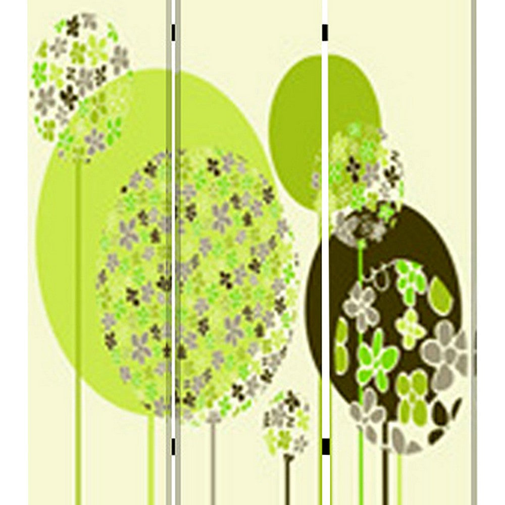 Abstract Floral Printed Foldable Screen with 3 Panels Green and White BM26519