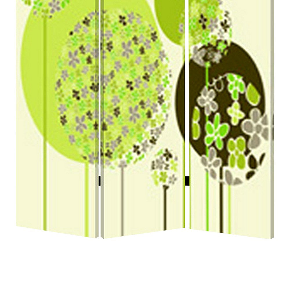 Abstract Floral Printed Foldable Screen with 3 Panels Green and White BM26519