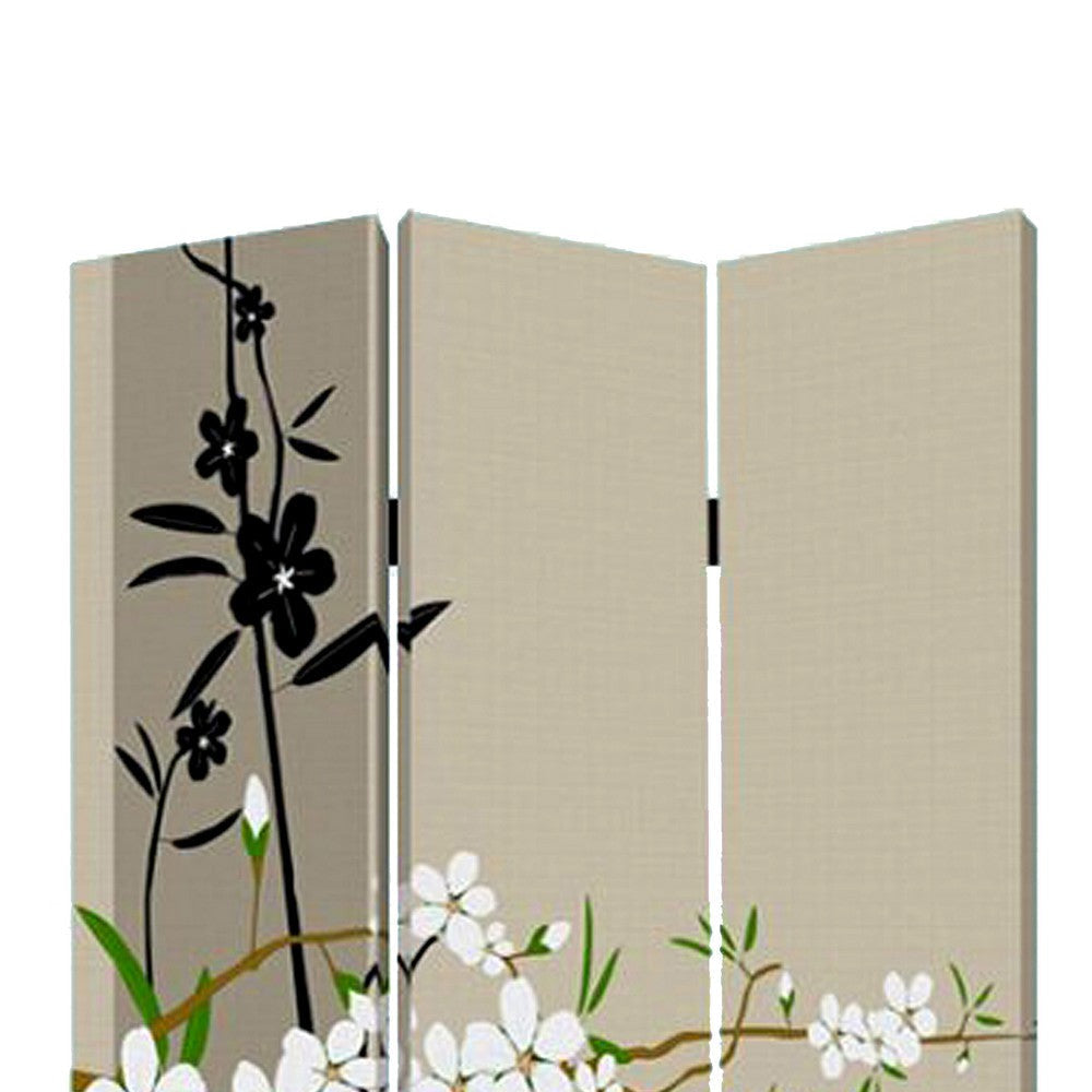 3 Panel Foldable Canvas Screen with Plum Blossom Print Multicolor BM26521