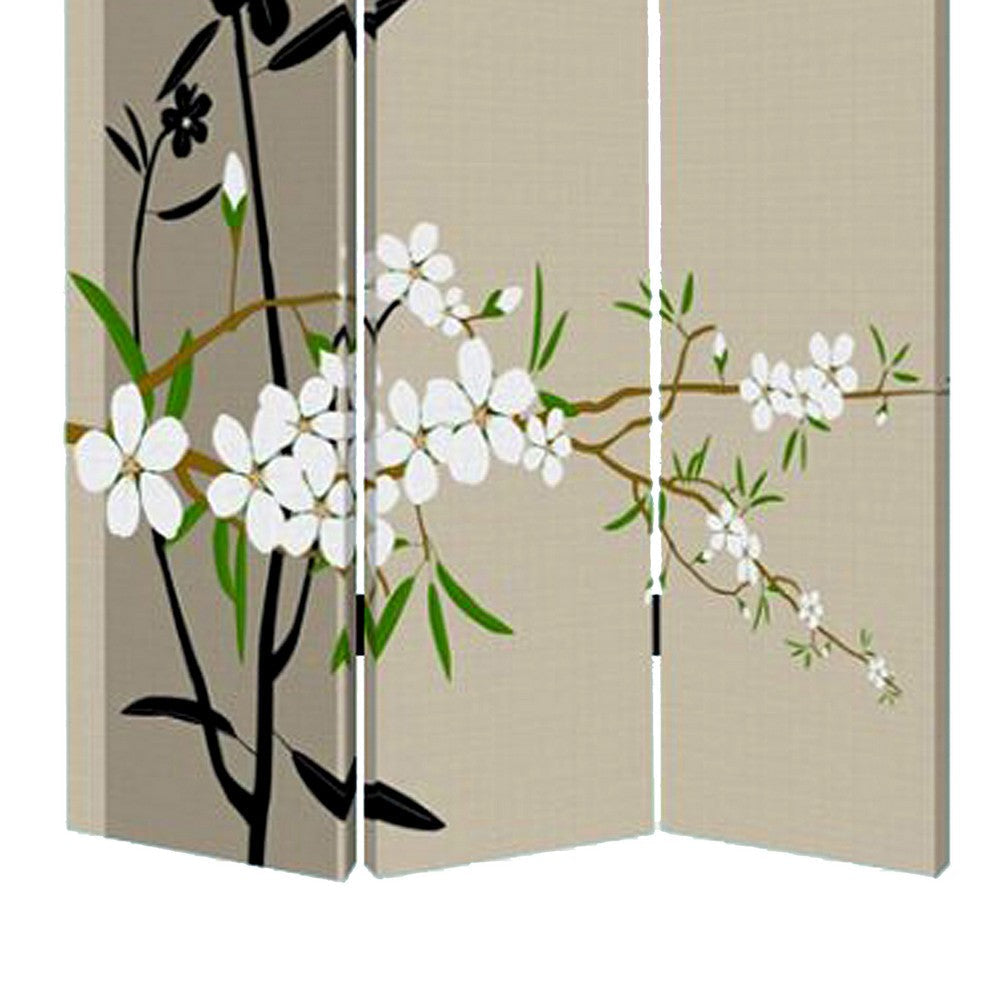 3 Panel Foldable Canvas Screen with Plum Blossom Print Multicolor BM26521