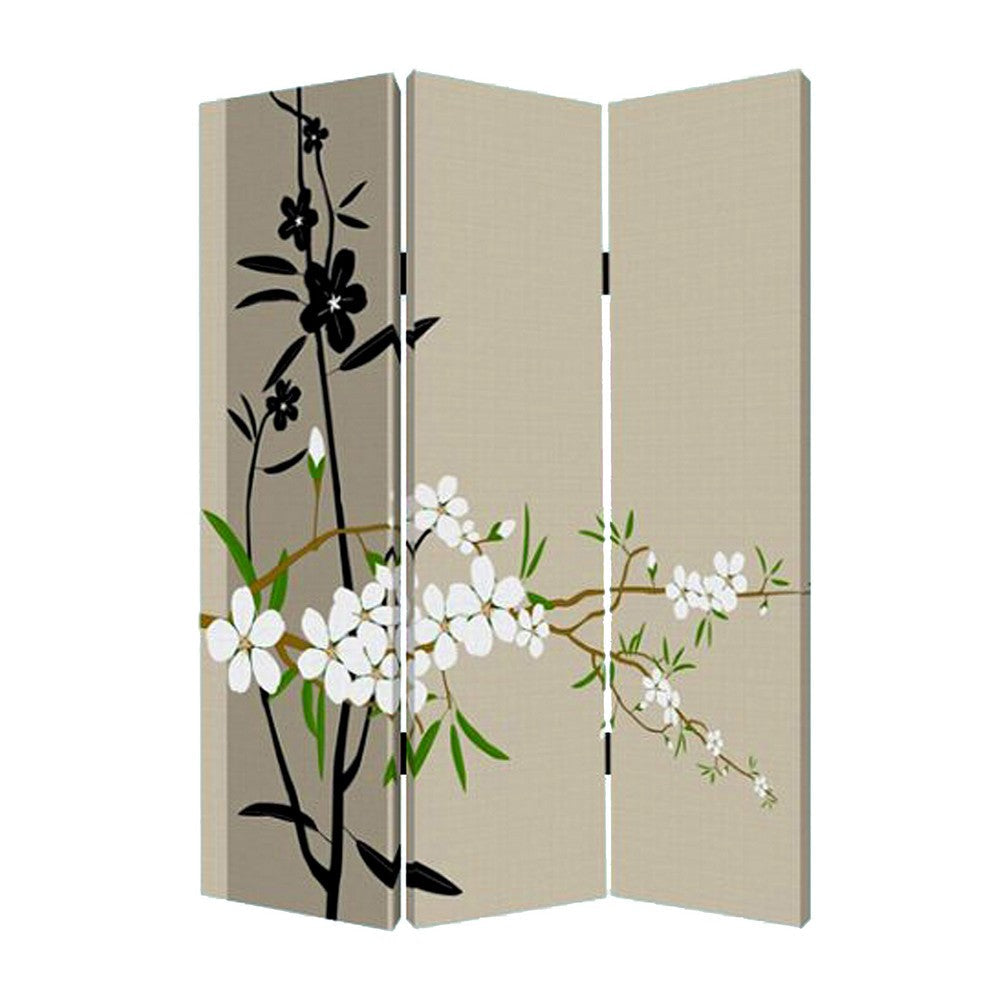 3 Panel Foldable Canvas Screen with Plum Blossom Print , Multicolor