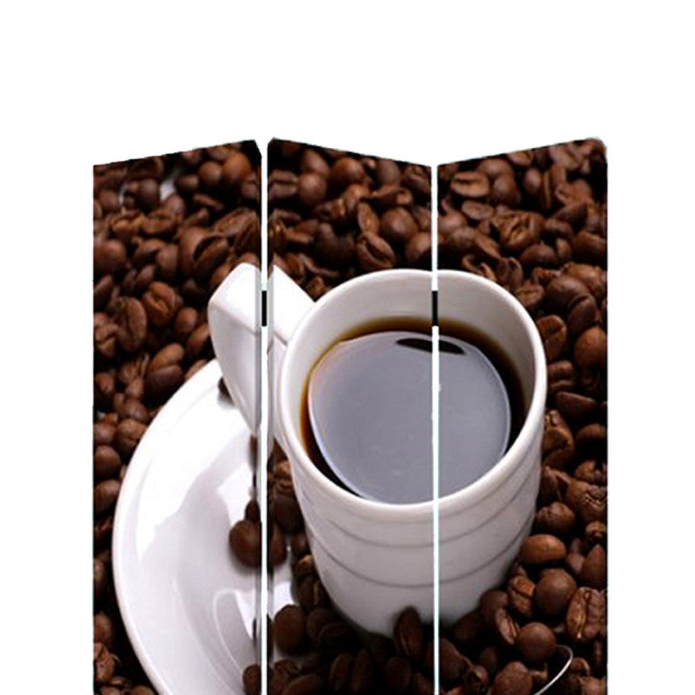 3 Panel Foldable Canvas Screen with Coffee Print Brown and White BM26522