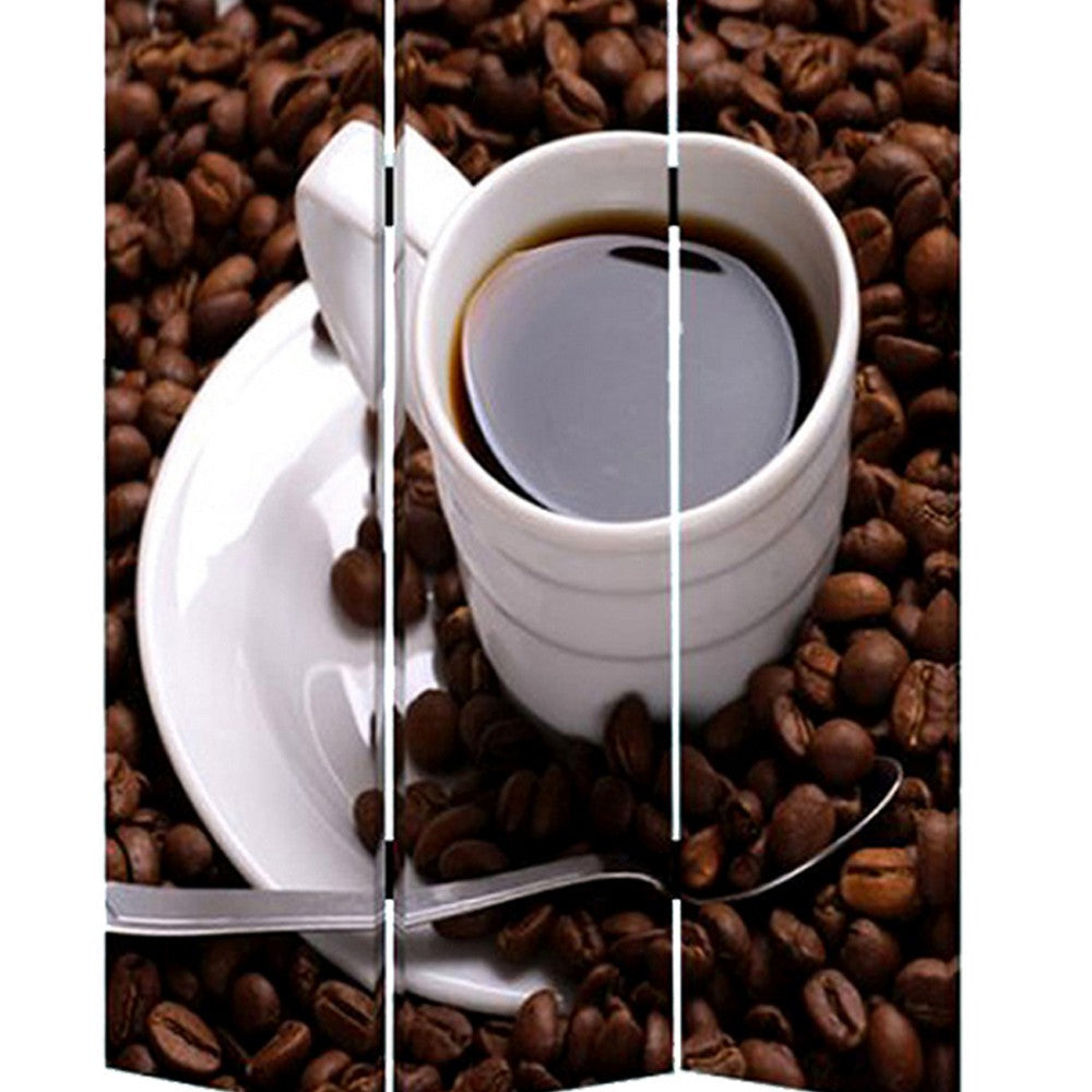 3 Panel Foldable Canvas Screen with Coffee Print Brown and White BM26522