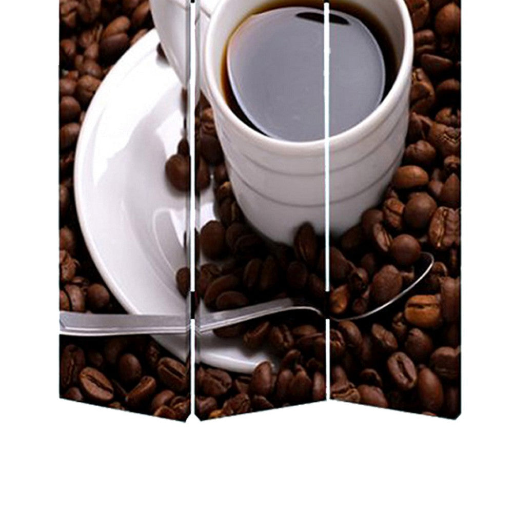 3 Panel Foldable Canvas Screen with Coffee Print Brown and White BM26522