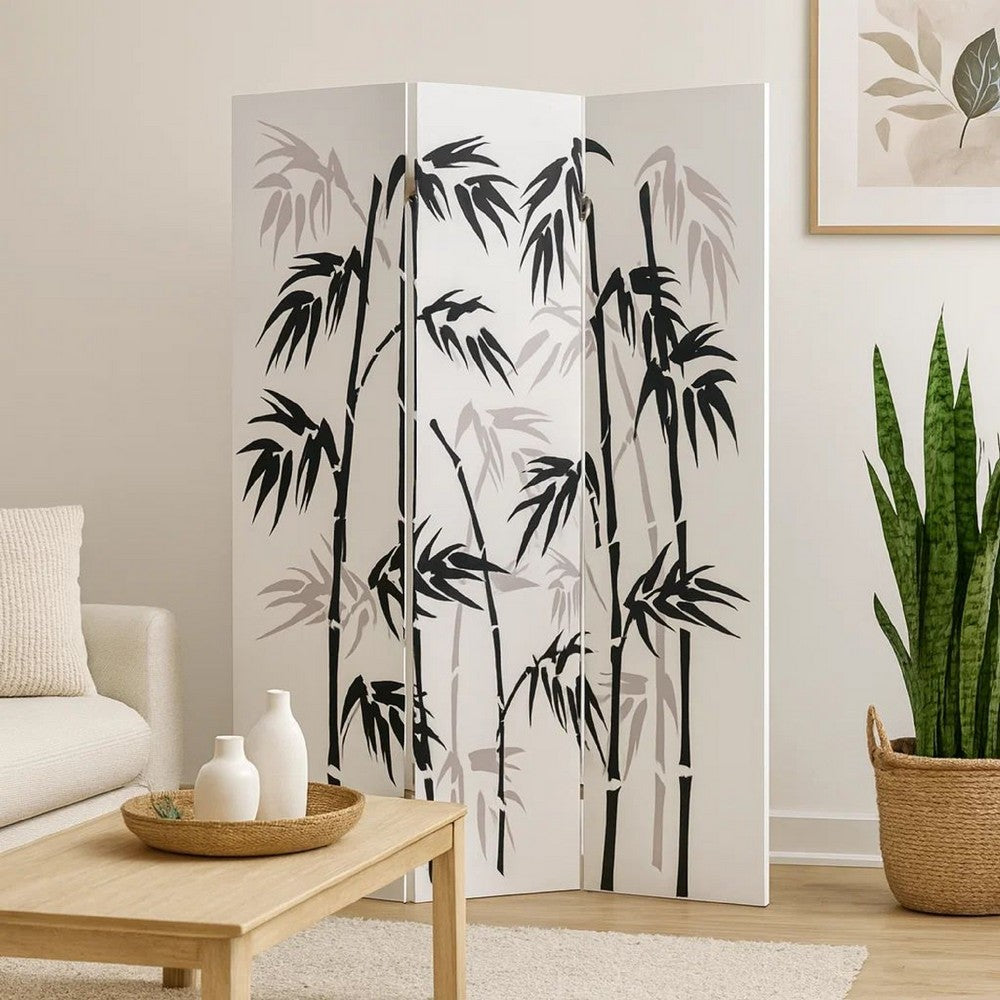 3 Panel Foldable Canvas Bamboo Leaf Print Screen, Black and White