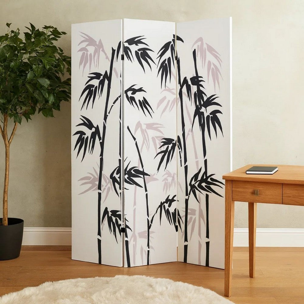 3 Panel Foldable Canvas Bamboo Leaf Print Screen, Black and White