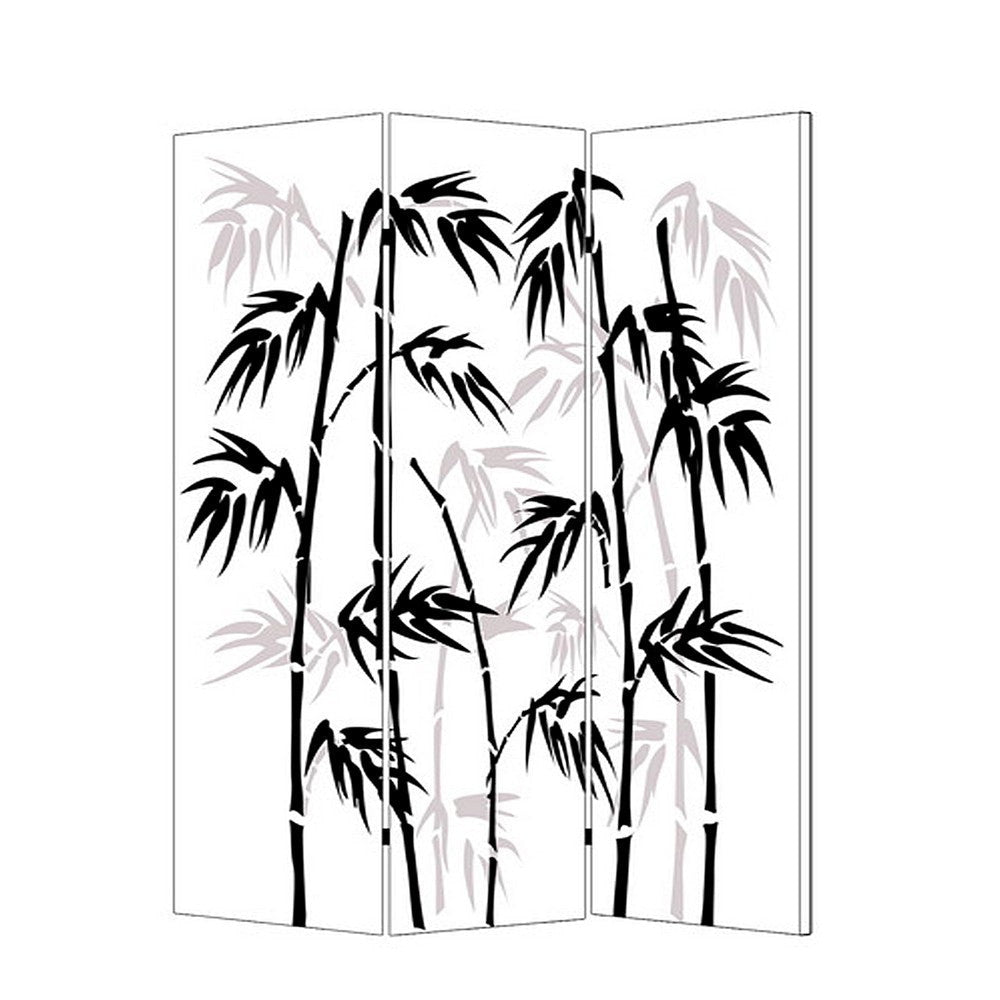 3 Panel Foldable Canvas Bamboo Leaf Print Screen, Black and White