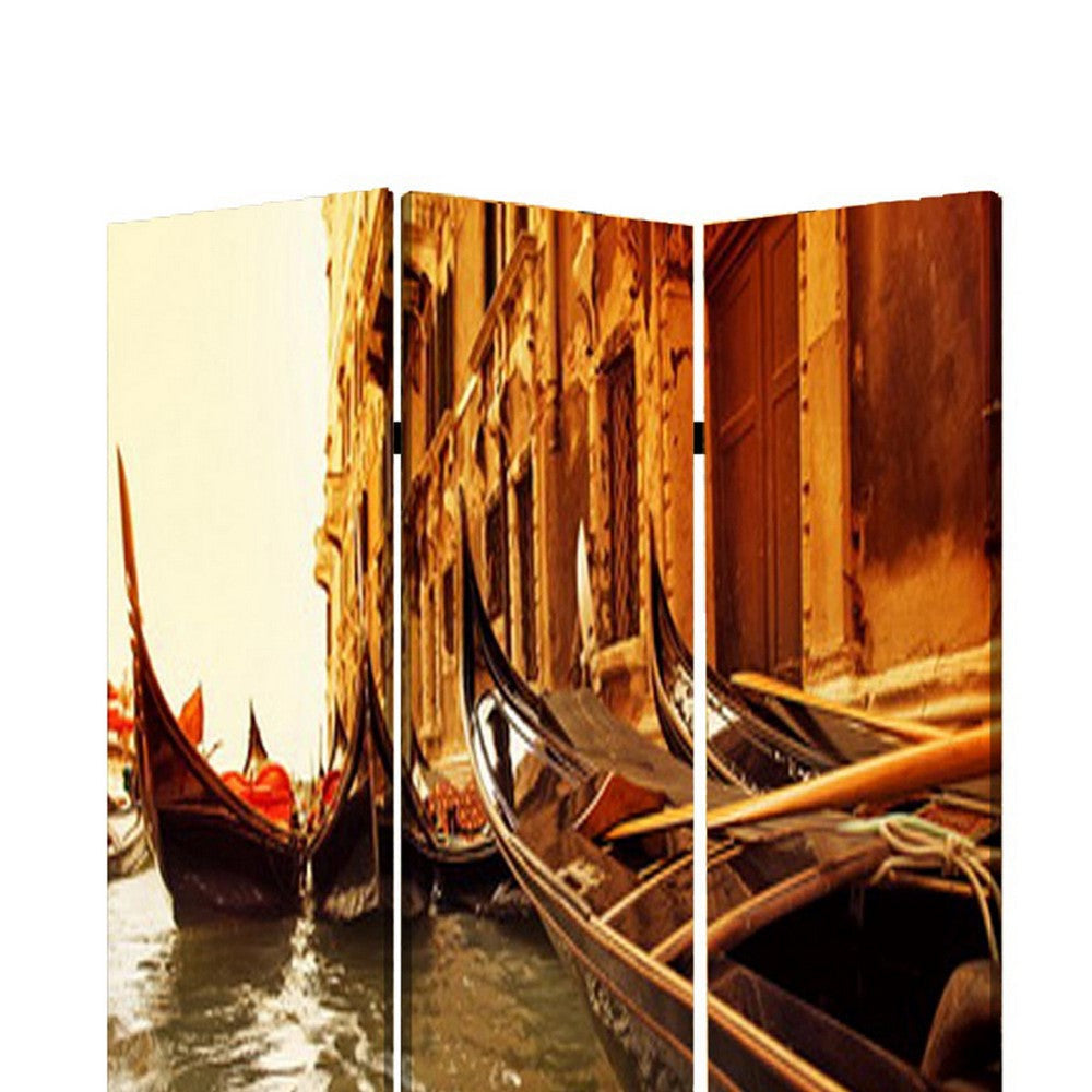 Venice Street Printed Foldable Screen with 3 Panels Brown BM26528