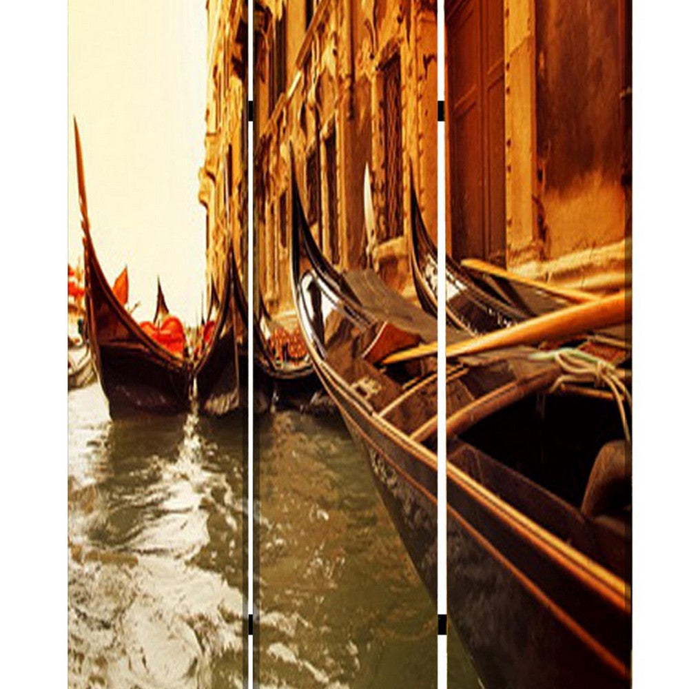 Venice Street Printed Foldable Screen with 3 Panels Brown BM26528
