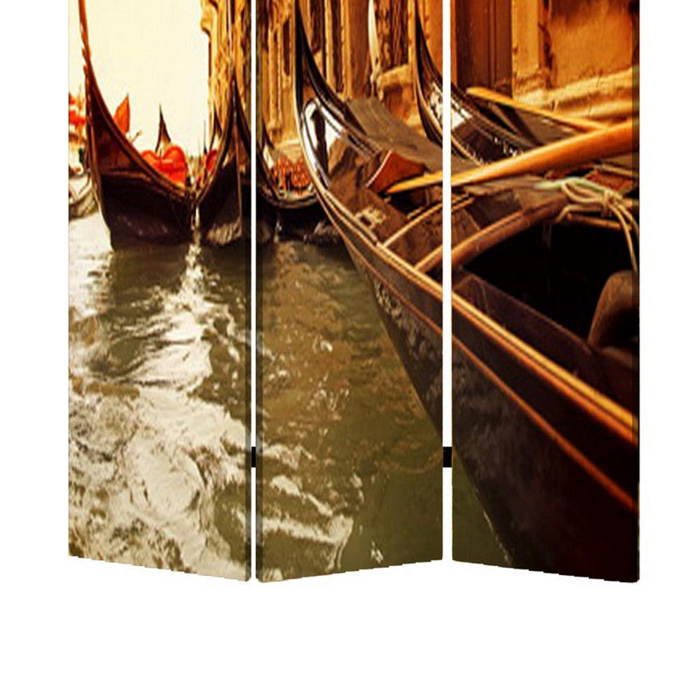 Venice Street Printed Foldable Screen with 3 Panels Brown BM26528