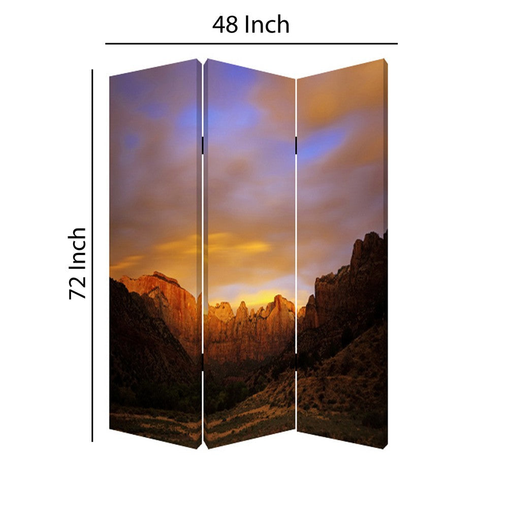 Sunset Plateau Print Foldable Canvas Screen with 3 Panels Multicolor BM26534