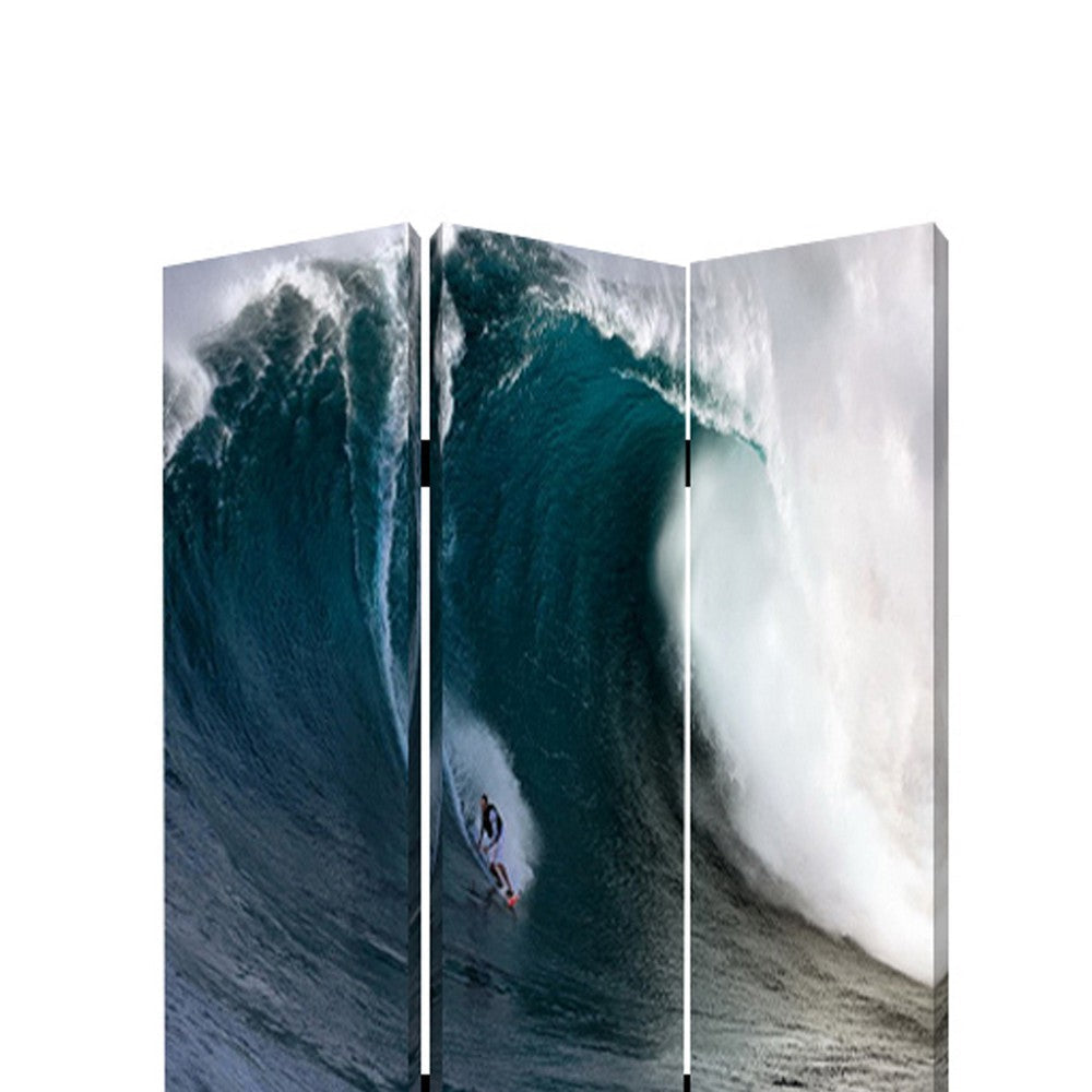 Surfing High Wave Print Foldable Canvas Screen with 3 Panels Blue BM26535