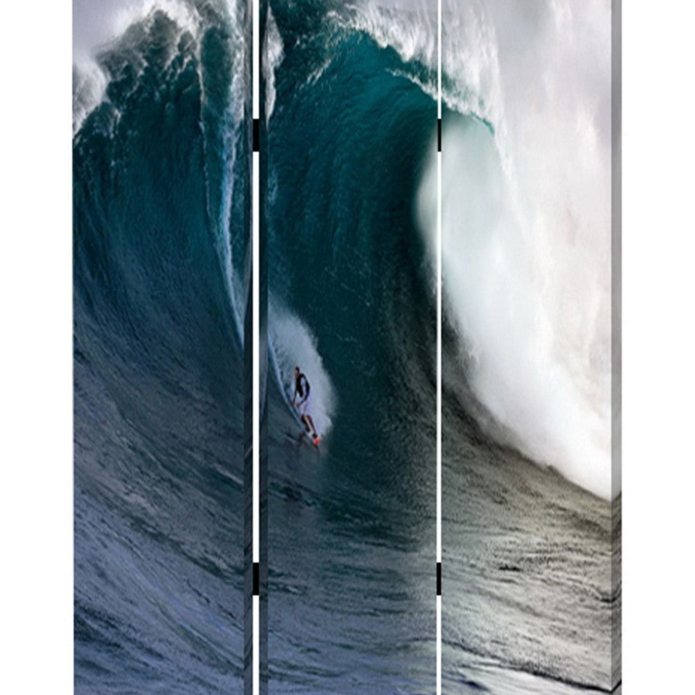 Surfing High Wave Print Foldable Canvas Screen with 3 Panels Blue BM26535