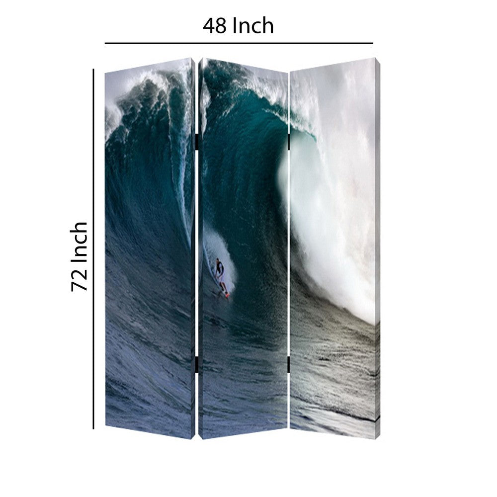 Surfing High Wave Print Foldable Canvas Screen with 3 Panels Blue BM26535