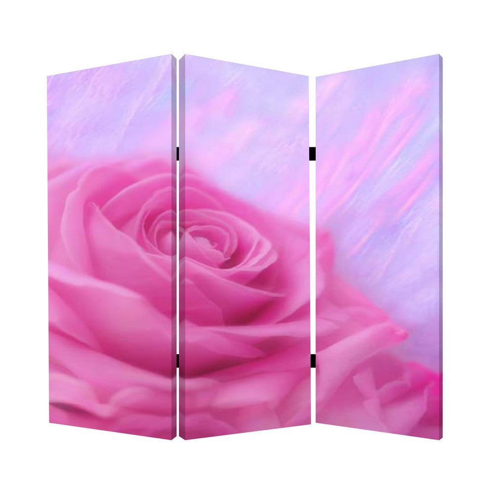 3 Panel Foldable Canvas Screen with Rose Print, Pink