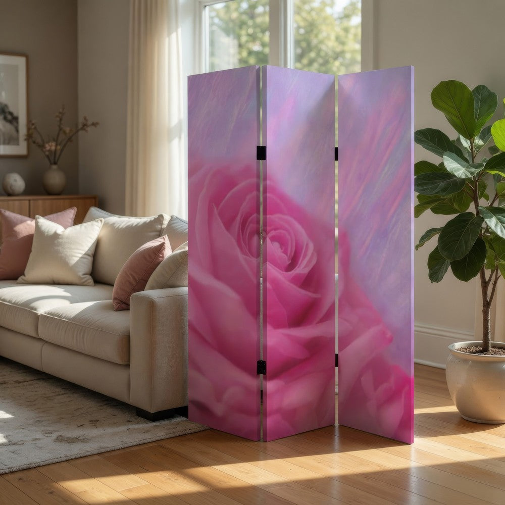 3 Panel Foldable Canvas Screen with Rose Print, Pink