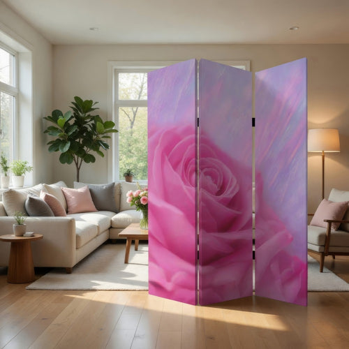 3 Panel Foldable Canvas Screen with Rose Print, Pink