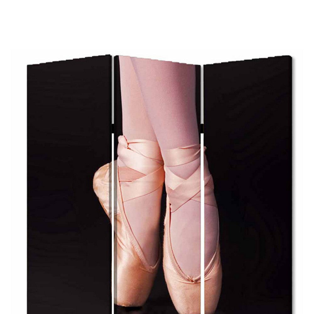 Ballet Shoe Print Foldable Canvas Screen with 3 Panels Black and Pink BM26550