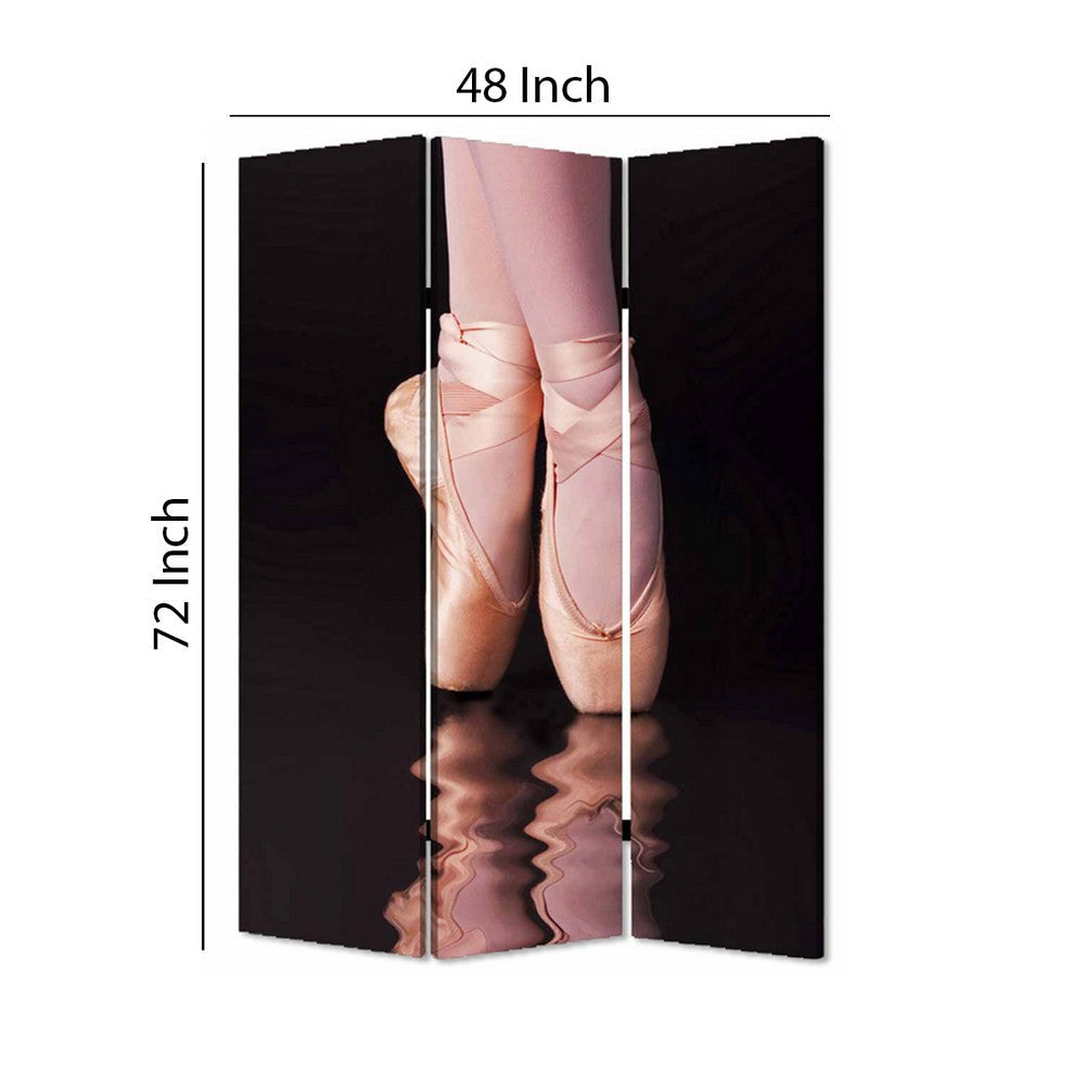 Ballet Shoe Print Foldable Canvas Screen with 3 Panels Black and Pink BM26550
