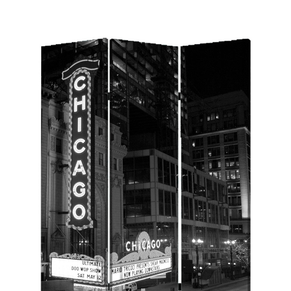 3 Panel Foldable Screen with Chicago Print Black and White BM26559