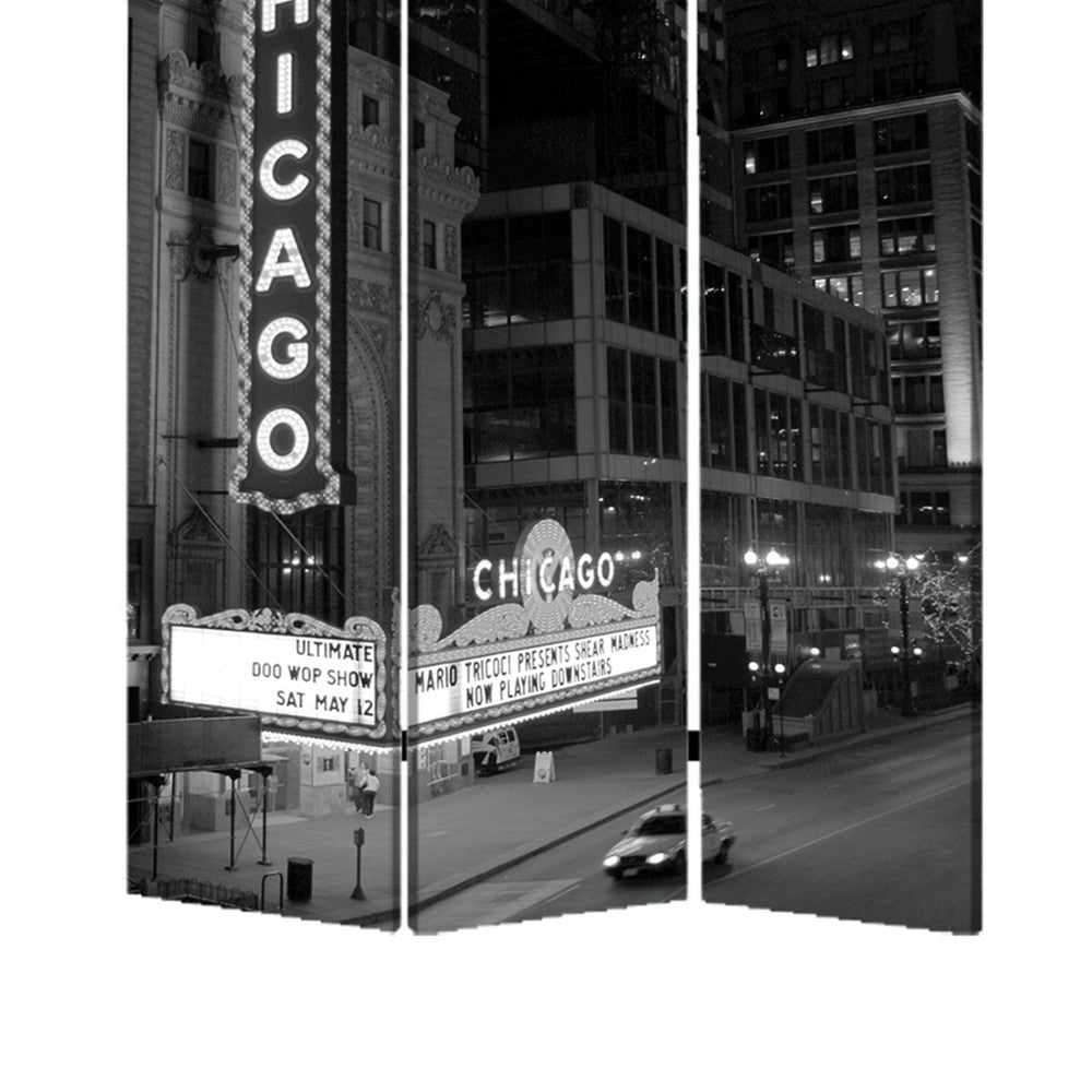 3 Panel Foldable Screen with Chicago Print Black and White BM26559