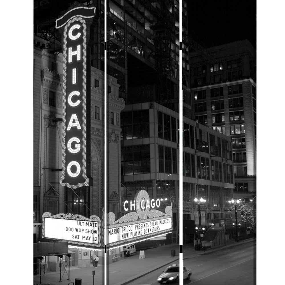 3 Panel Foldable Screen with Chicago Print Black and White BM26559