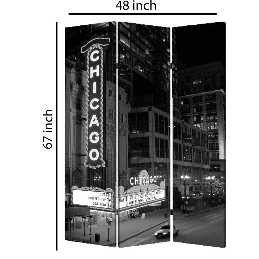 3 Panel Foldable Screen with Chicago Print Black and White BM26559