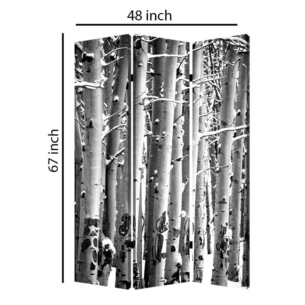 3 Panel Canvas Foldable Screen with Birch Print Black and White BM26560