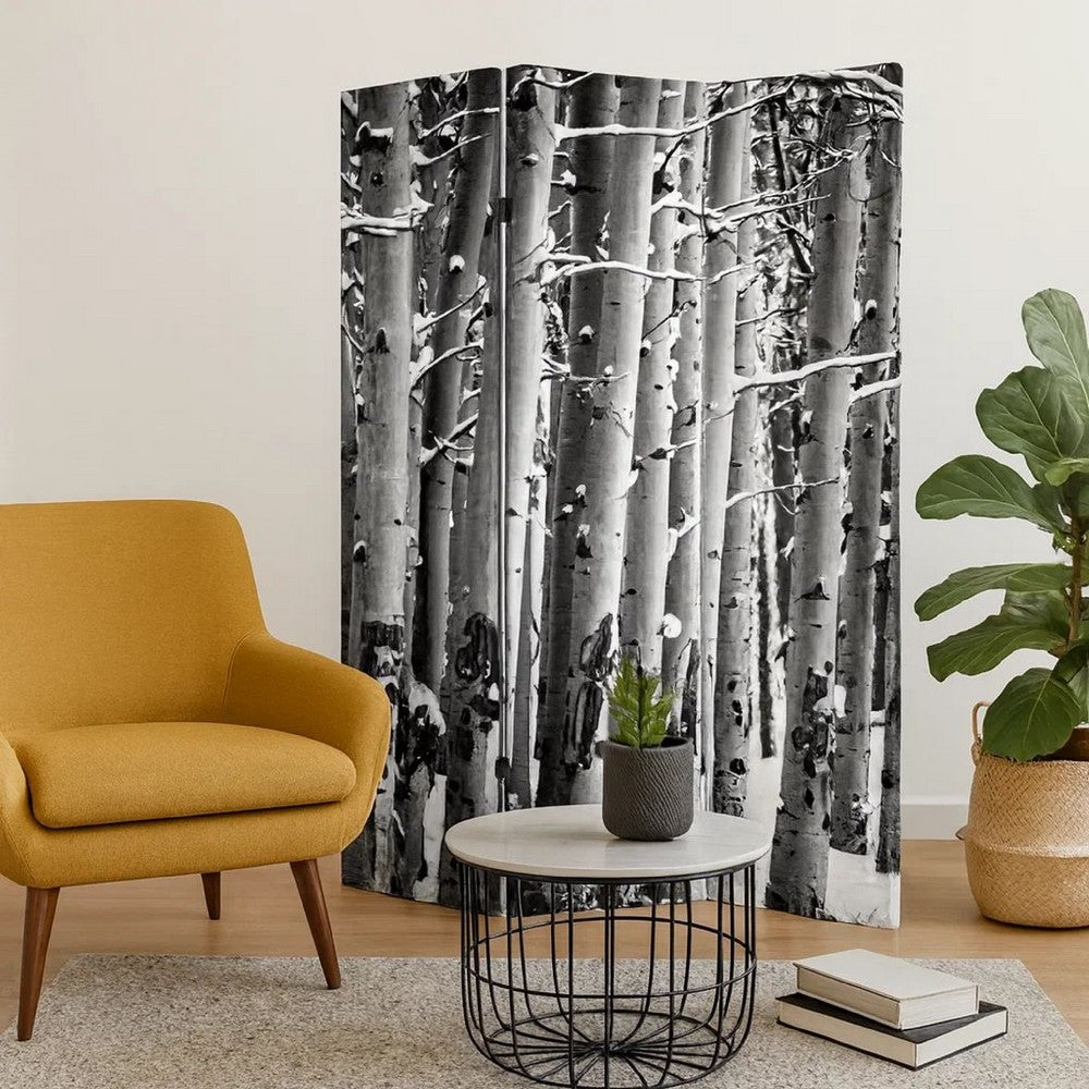 3 Panel Canvas Foldable Screen with Birch Print, Black and White