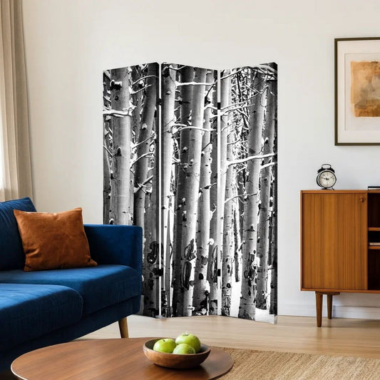 3 Panel Canvas Foldable Screen with Birch Print, Black and White