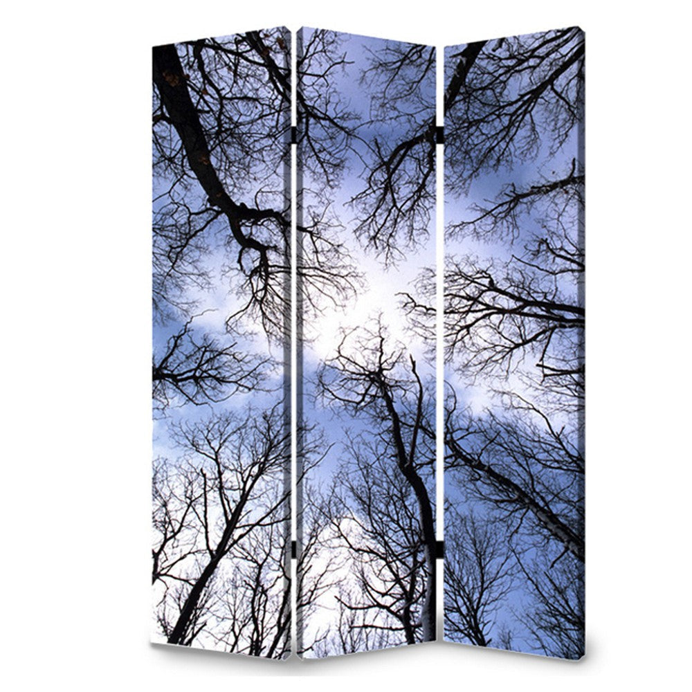 3 Panel Foldable Canvas Screen with Tree Print, Black