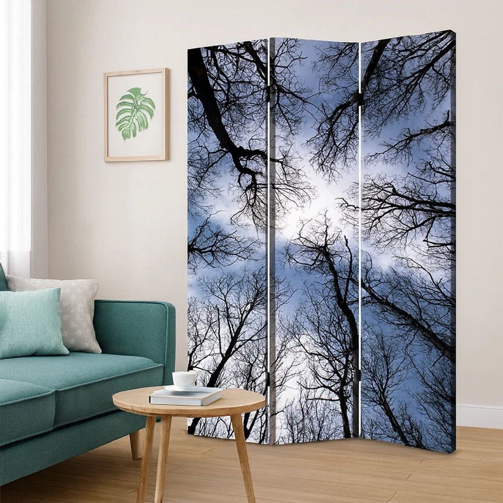 3 Panel Foldable Canvas Screen with Tree Print, Black