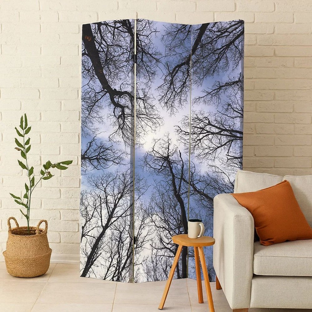 3 Panel Foldable Canvas Screen with Tree Print, Black