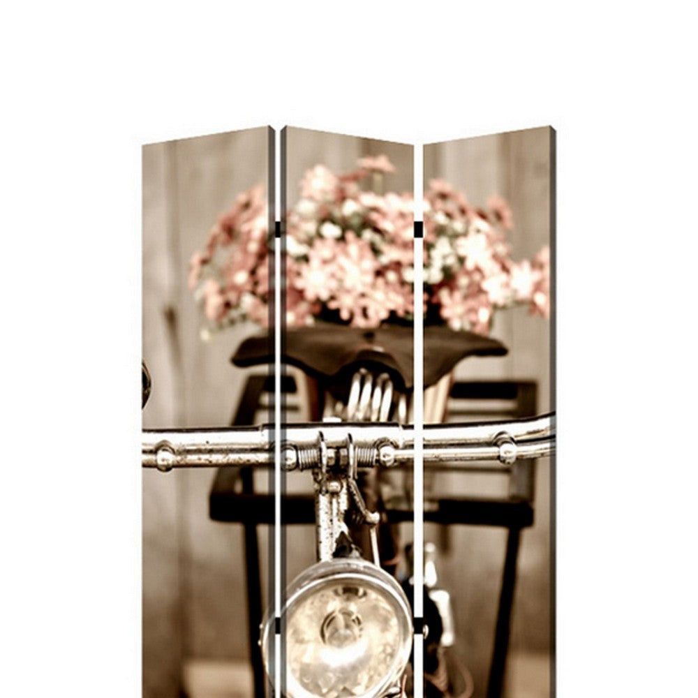3 Panel Flowers and Cycle Print Foldable Room Divider Pink and Brown BM26563