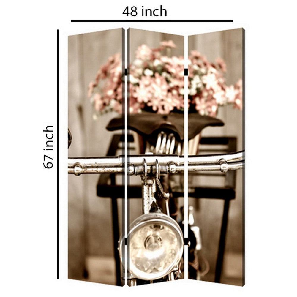 3 Panel Flowers and Cycle Print Foldable Room Divider Pink and Brown BM26563