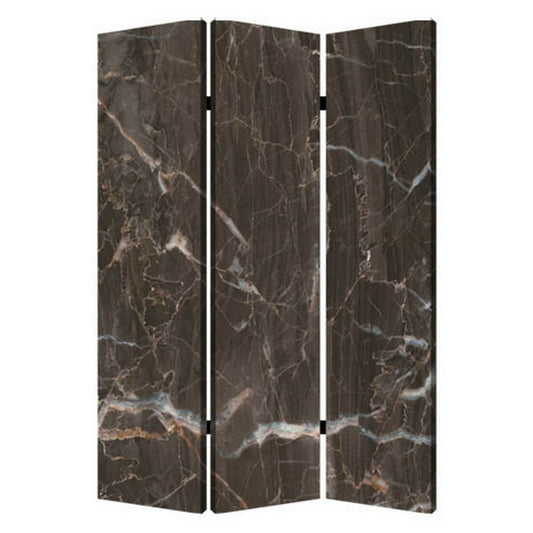 3 Panel Marble Print Canvas Room Divider, Dark Brown