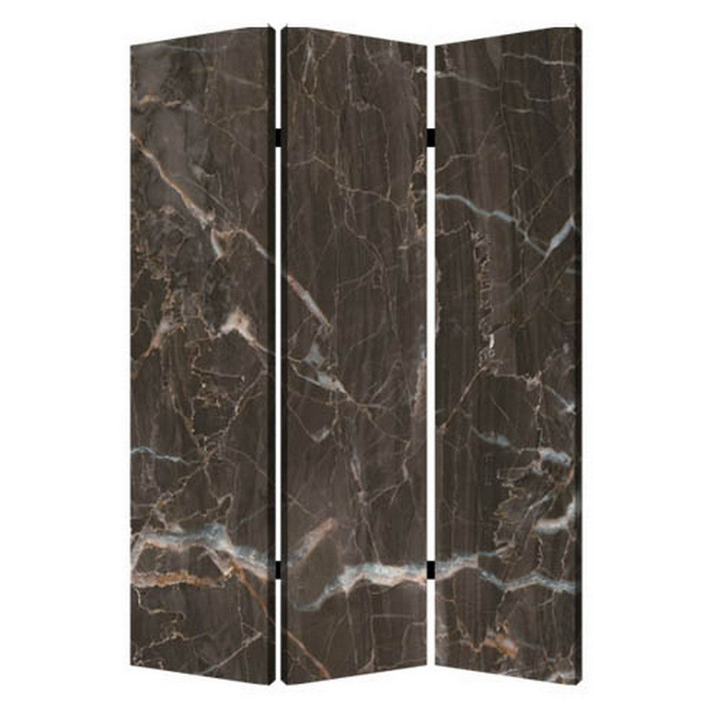 3 Panel Marble Print Canvas Room Divider, Dark Brown
