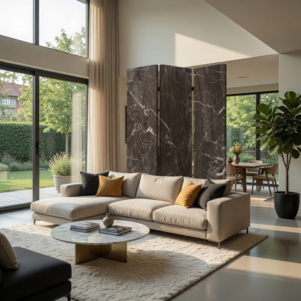 3 Panel Marble Print Canvas Room Divider, Dark Brown