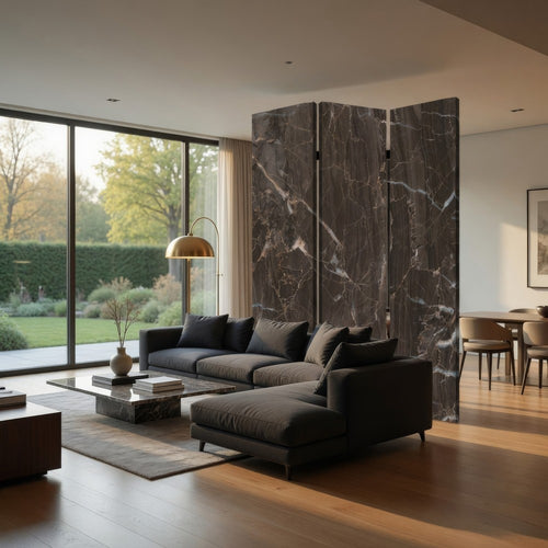 3 Panel Marble Print Canvas Room Divider, Dark Brown