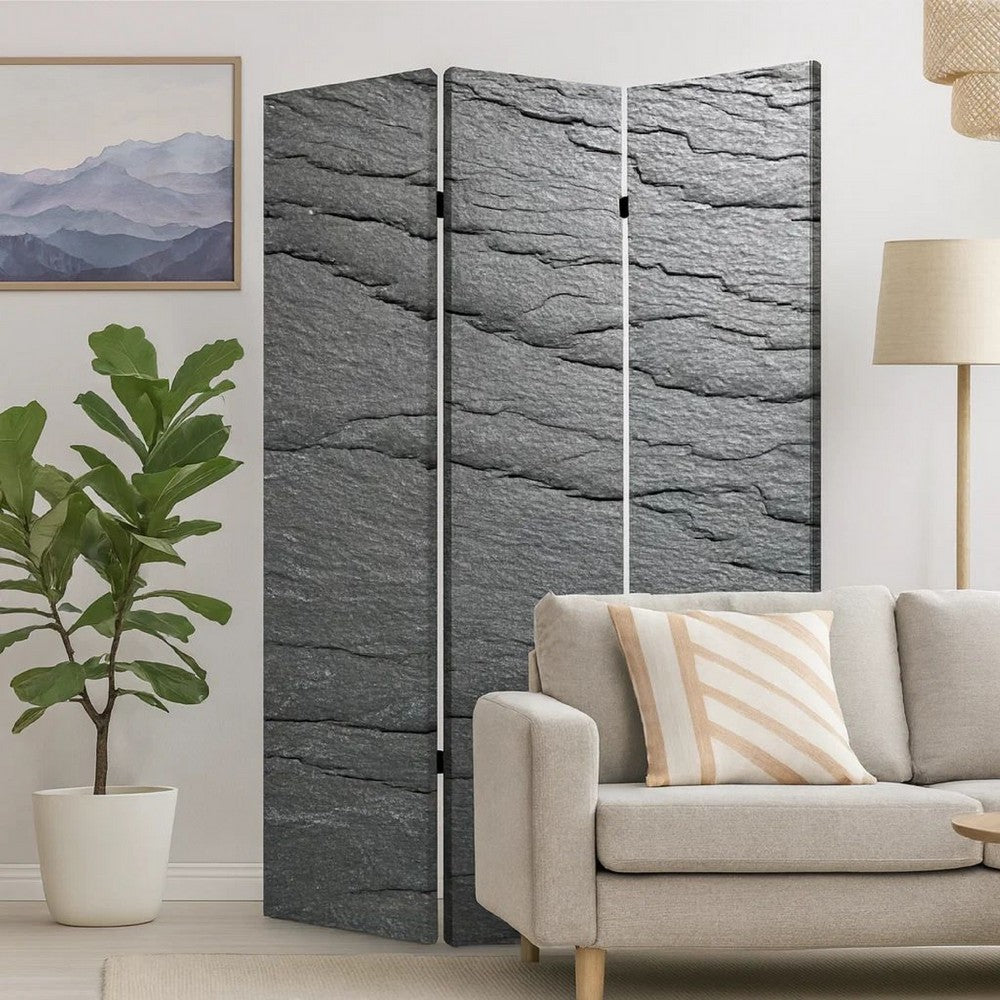 3 Panel Canvas and Metal Frame Room Divider, Slate Gray