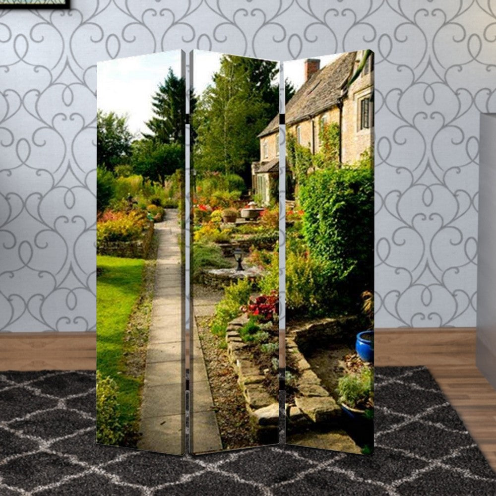 3 Panel Garden Print Canvas Room Divider, Multicolor
