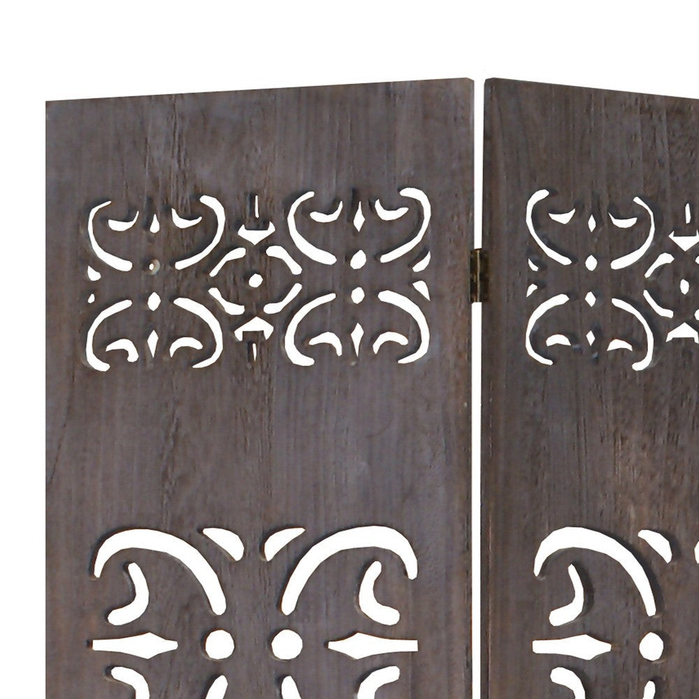 3 Panel Shinto Cut Out Design Foldable Room Divider Brown BM26575